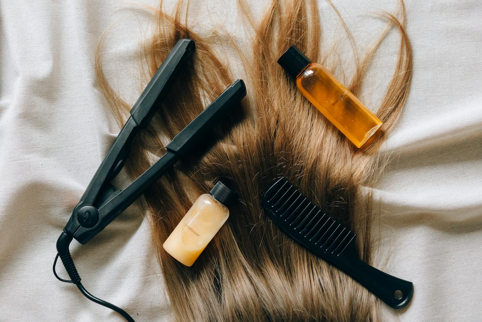 Home 4 Aesthetic flat lay of hair products and tools for styling and grooming